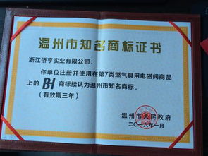 僑亨實(shí)業(yè)公司bh商標(biāo)被續(xù)評(píng)為溫州知名商標(biāo)和樂(lè)清產(chǎn)品